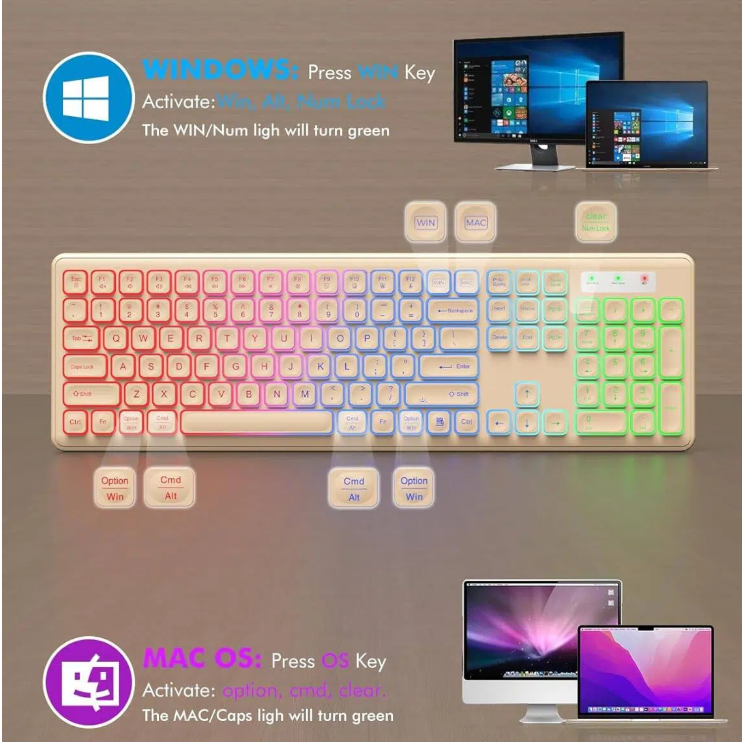Wagpak Wireless Keyboard and Mouse Combo RGB Backlit Rechargeable 2.4GHz Quiet 108 Keys Keyboard-Desert Gold