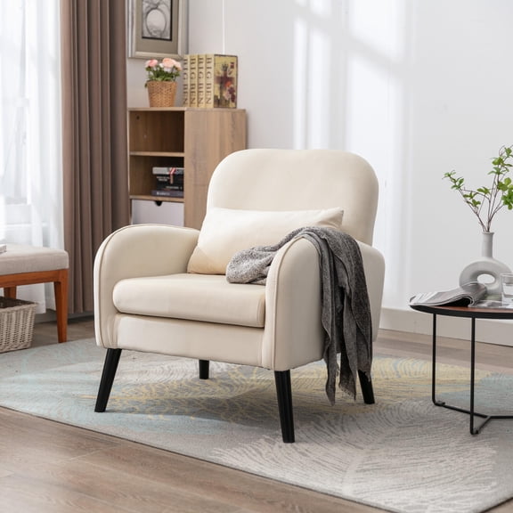 Modern Velvet Fabric Accent Arm Chair, Upholstered Living Room Single Sofa Chair with Wood Legs, Comfy Reading Armchair for Small Spaces, Apartment, Bedroom, Office, Beige, L0407