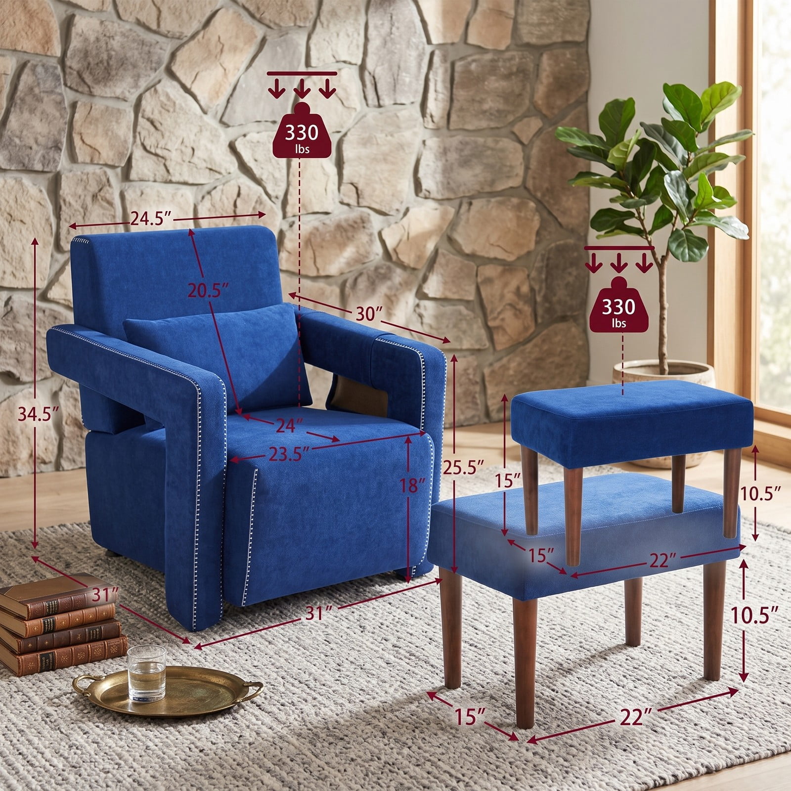 Furnibear Modern Berber Fleece Accent Chair with Ottoman and Waist Pillow, Upholstered Single Sofa Chair with Side Storage Bag for Living Room Bedroom Reception, Blue
