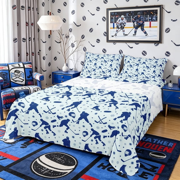 Castle Fairy Hockey Print Bed Sheets 4-Piece, Sport Gamer Full Size Sheets, Blue White,1 Fitted Sheet, 1 Flat Sheet and 2 Pillowcases