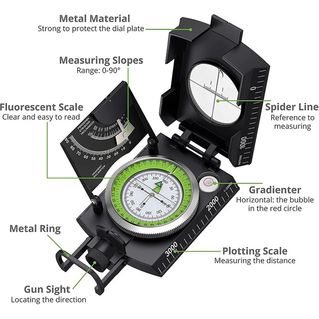 Brújula de senderismo militar profesional con clinómetro Brújula de observación de metal Brújula de navegación con bolsa de transporte para acampar Senderismo Senderismo Prohibición de geología LingWen 8390614635630