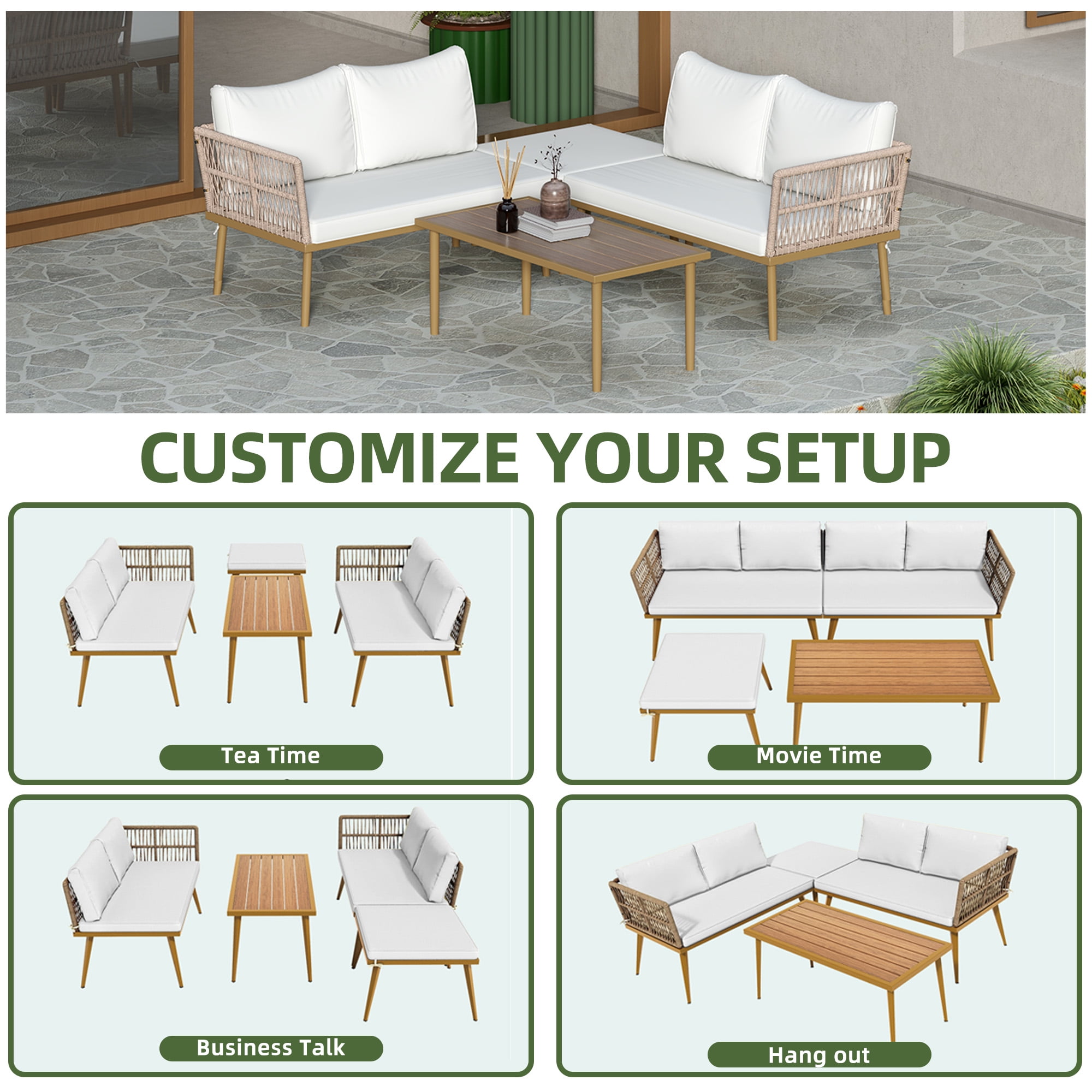 Uforic 4-Piece Outdoor Woven Rope Sectional Sofa Set Patio Furniture Conversation Set, Patio Loveseat with Ottoman and Side Table - Beige