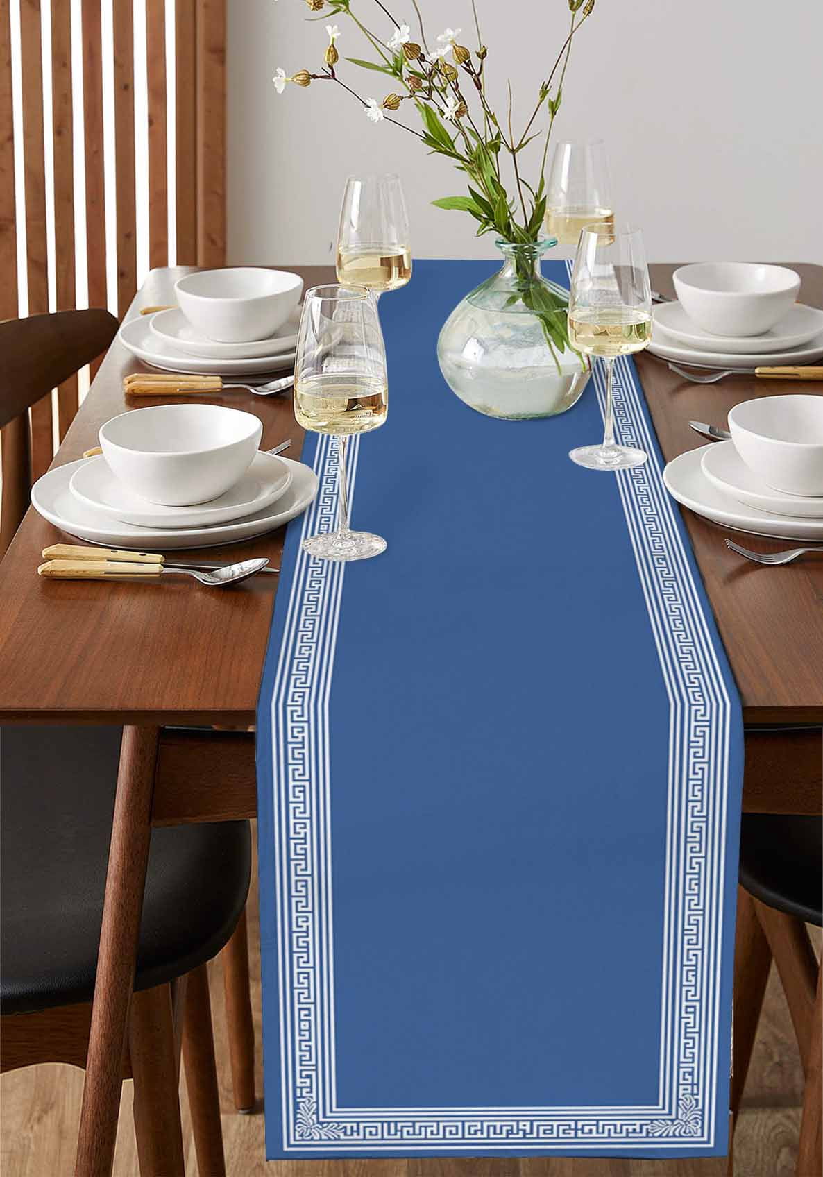 Dark Blue Greek Key Table Runner 72 Inches, Geometric Greece Ancient Farmhouse Geo Bed Runner Dresser Scarves Tabletop for Indoor Outdoor Parties/Ceremony/Banquet, 16" x 72"