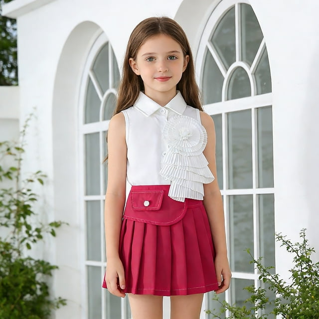 Conjunto de falda y top de moda sin mangas con falda plisada para niña en primavera.