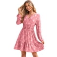 thumbnail image 2 of Women'S Casual Long Sleeve Babydoll Flowy Dress V Neck Swing Party Mini Dress Pink XL, 2 of 9