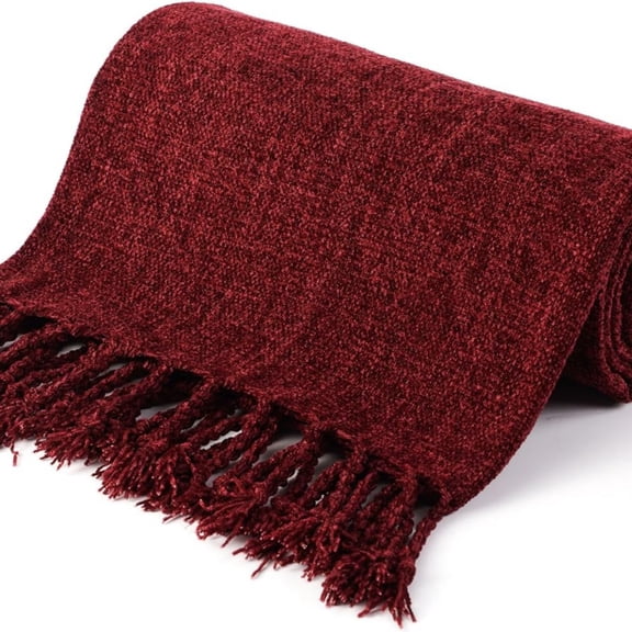 Burgundy Chenille Throw Blanket, Decorative Red Knit Throw with Fringe, Lightweight for Christmas Decor, 50"x60"