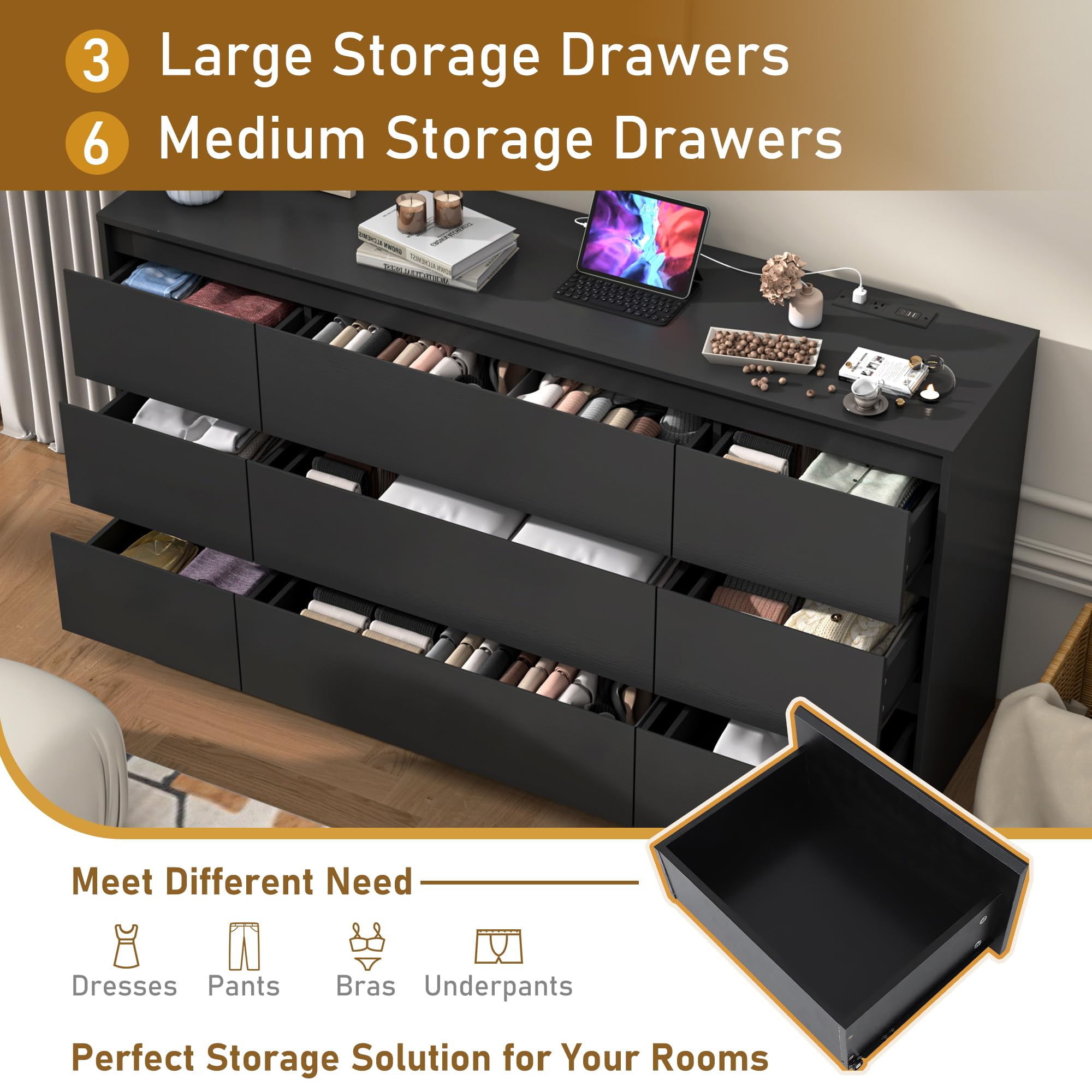 ChVans Black 9 Drawers Dresser with Charging Station, 63" Long Modern Dresser with 9 Drawers for Bedroom, Large Wood Chest of Drawers Handle Free, Dresser for Bedroom, Living Room, Hallway