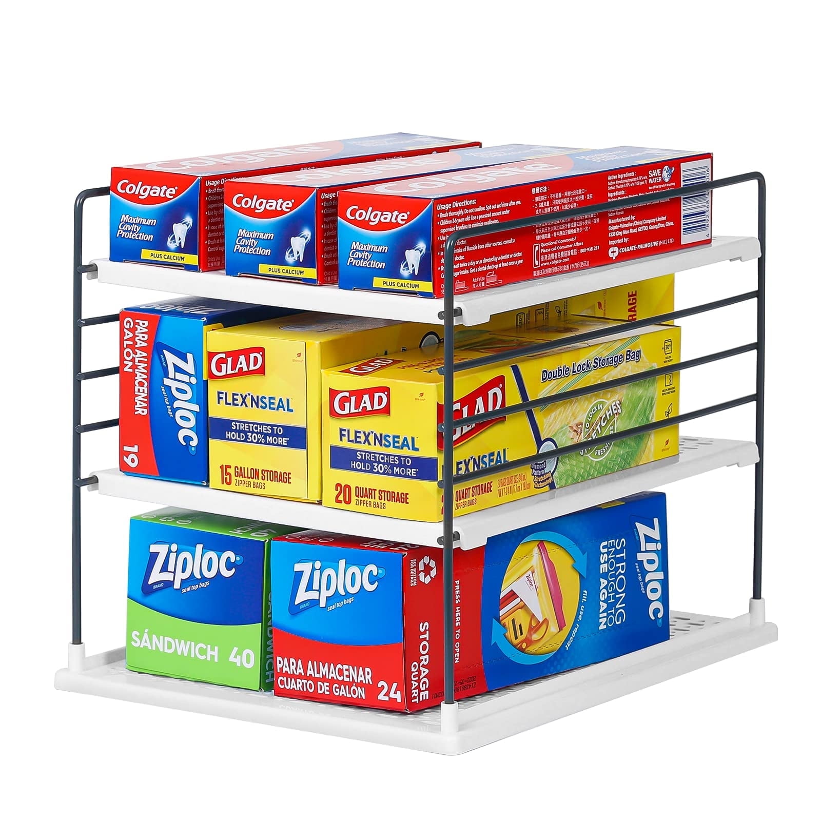 3-Tier Kitchen Wrap Organizer Rack , Cabinet Organizers Adjustable Shelving Unit Pantry Organizers and Storage, Foil and Plastic Wrap Organizer, 11.8 in x 10.6 in x 9.25 in, White