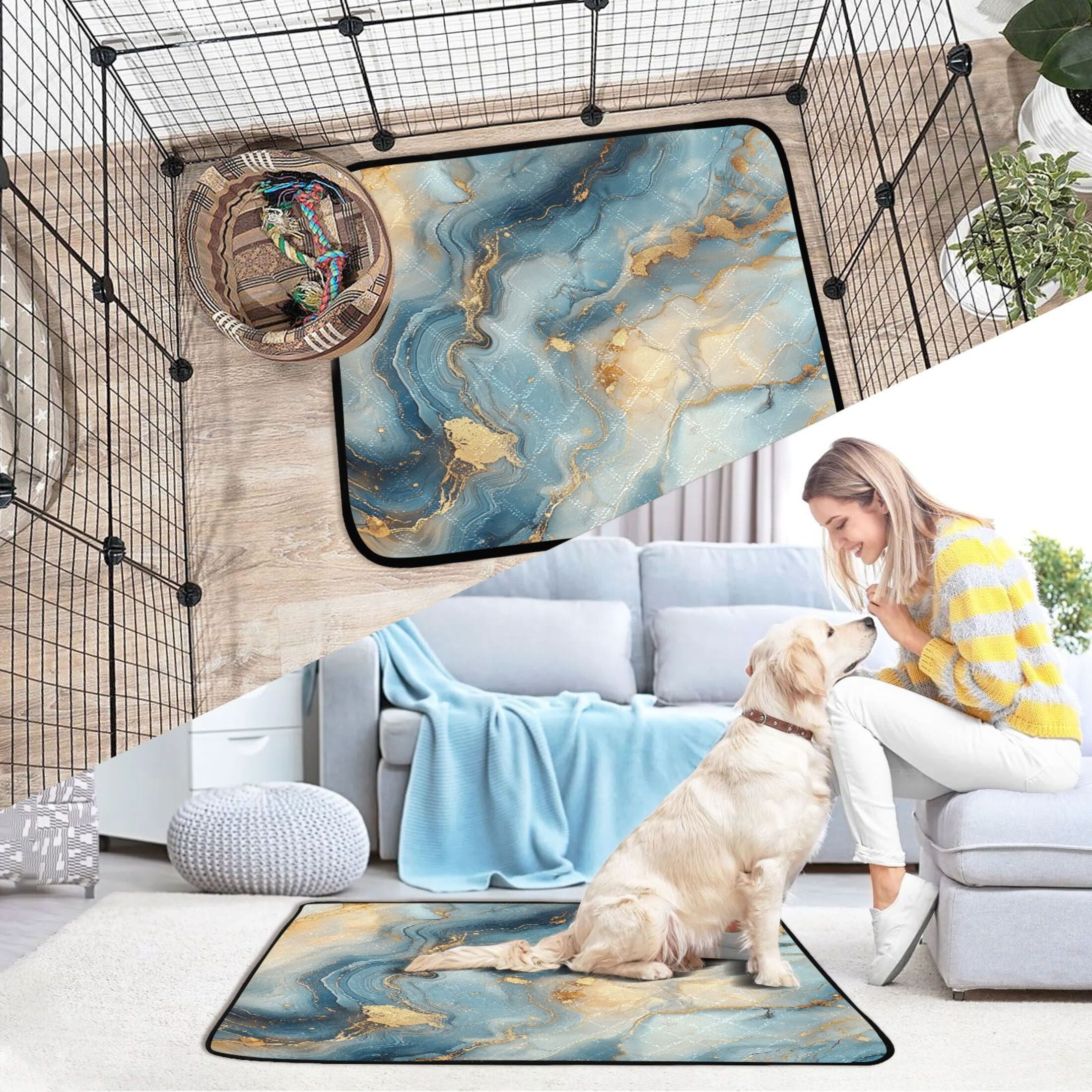 Qxltty Gilt Cyan Pattern Cat litter Pads Pet Set of 3 Diaper Mats Center Anti-leakage Layer Absorbent Soft and Comfortable