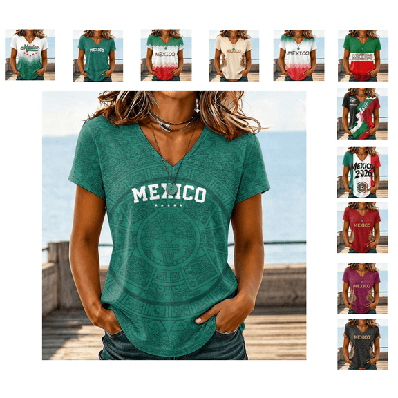 Women Mexico Playera Soccer Jersey, V-Neck Graphic Apparel, Short Sleeve Football Fan Shirt, Cultural Heritage Sports Top, Multi-Color