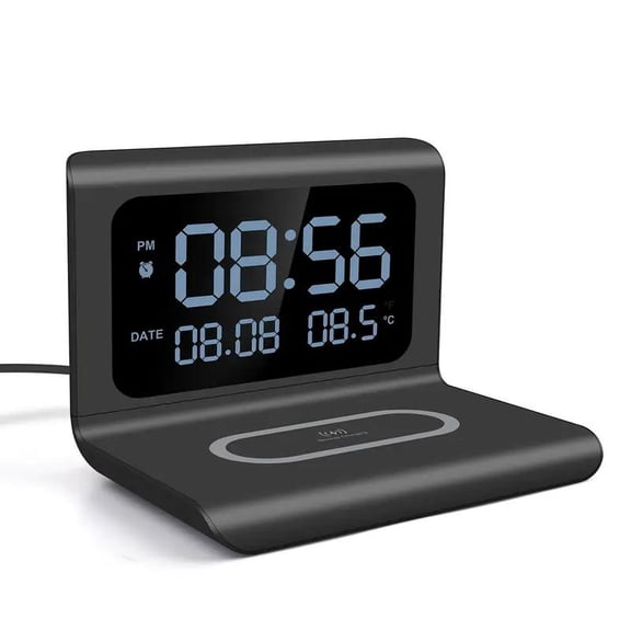 3-in-1 Digital Alarm Clock with Fast Wireless Charger, Multifunctional Desktop Electronic Clock & Wireless Charging Station , LED Bedside Nightstand Clock, Black