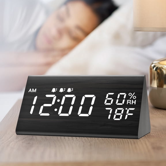 Digital Alarm Clock, with Wooden Electronic LED Time Display, 3 Alarm Settings, Humidity & Temperature Detect, Wood Made Electric Clocks for Bedroom, Bedside (Black)