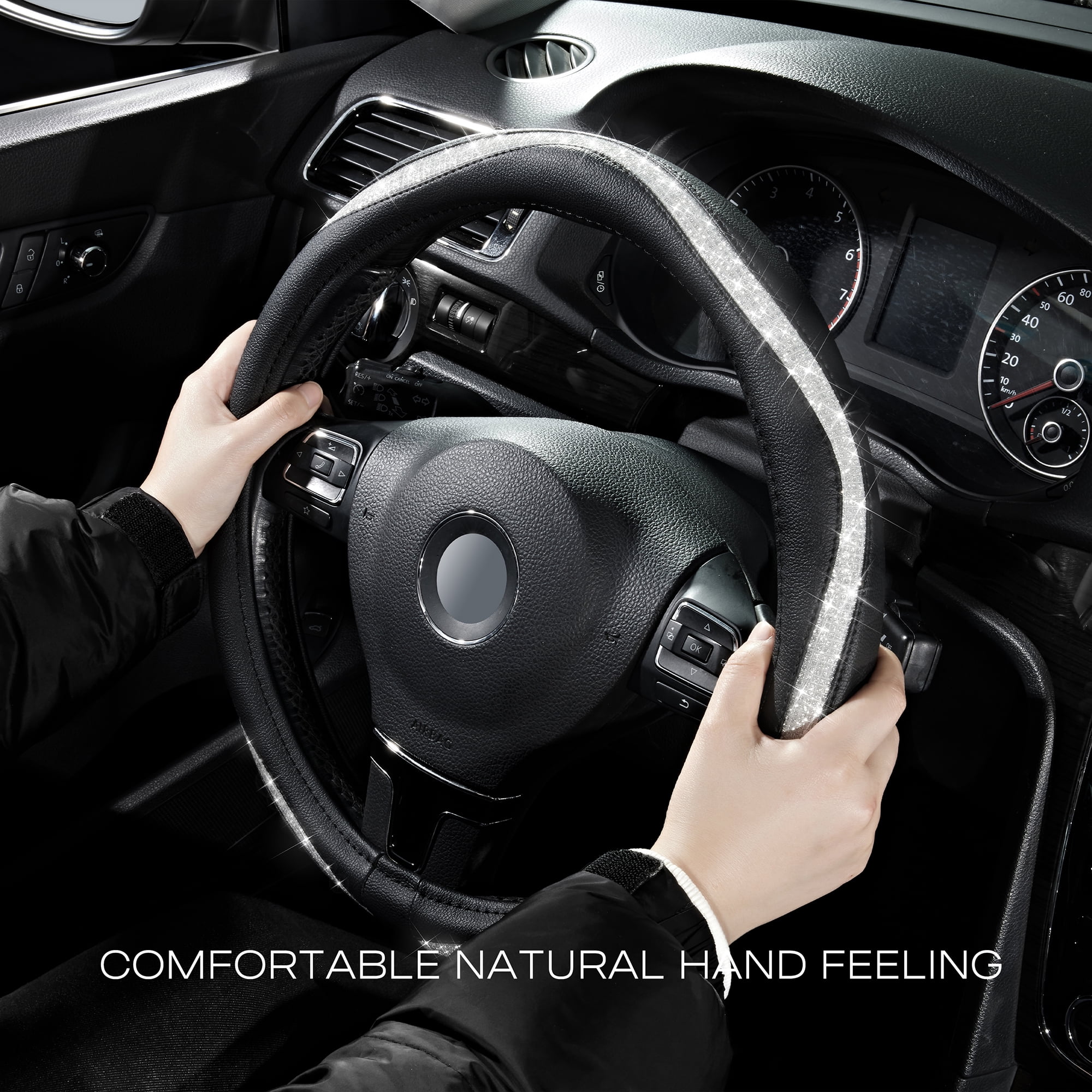 Auto Drive 1Piece Steering Wheel Cover with Silver Diamond Leather Black - Universal Fit, 20WM08