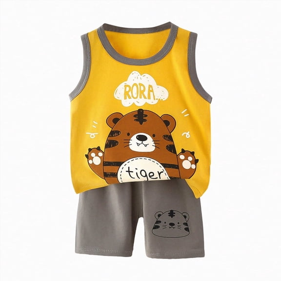 kaprioy Toddler Baby Boys Summer Outfits Baby Cartoon Print T-Shirt Tops Vest Shorts Suit 2Pcs Cute Baby BoysSummer Clothes For Baby Boys' Clothing Sets