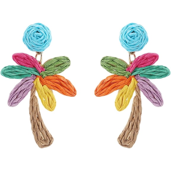 Lulena Raffia Palm Tree Dangle Earrings for Women Boho Coconut Tree Statement Dangle Earrings Handwoven Summer Beach Jewelry for Women