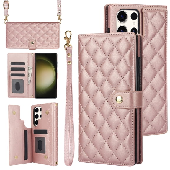 Case Wallet for Samsung Galaxy S23 Ultra, [Wristlet & Crossbody Strap] RFID Blocking 5 Card Slots Stand [Shockproof TPU Shell] PU Leather Magnetic Flip Cover Compatible with S23 Ultra, Rosegold