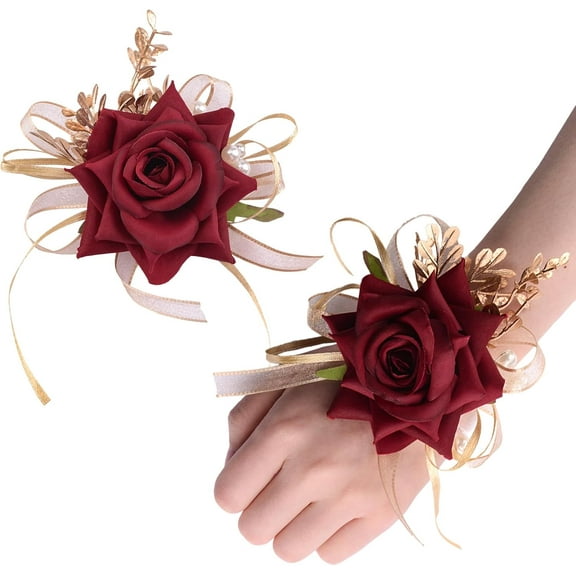 Wrist Corsage Boutonniere Set, 2Pcs Red Rose and Yellow Ribbon Artificial Corsage Flower Bracelet Prom Party Homecoming Wristband Flowers