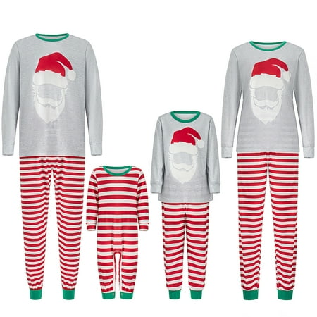 

Christmas Family Matching Pajamas Set Long Sleeve Crew Neck Santa Print Tops+Striped Pants Sleepwear Lougewear for Adult Kids Baby Party