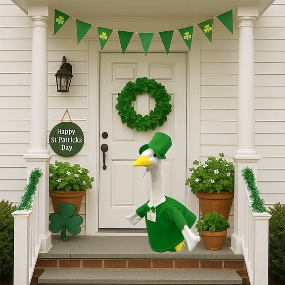 St. Patrick's Day Goose Outfit, Irish Clover Porch Goose Clothes for 17" Cement & Plastic Goose Statue, Garden Yard Lawn Patio Decoration, A