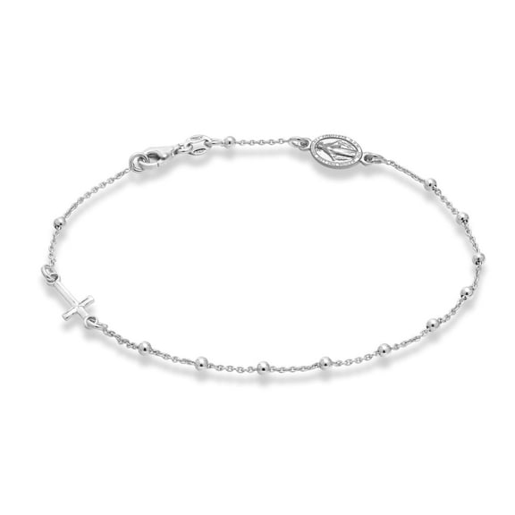 Miabella 925 Sterling Silver or 18Kt Yellow Gold Over Silver Italian Rosary Cross Bead Charm Link Chain Anklet for Women, Made in Italy (sterling silver, Length 9 Inches)