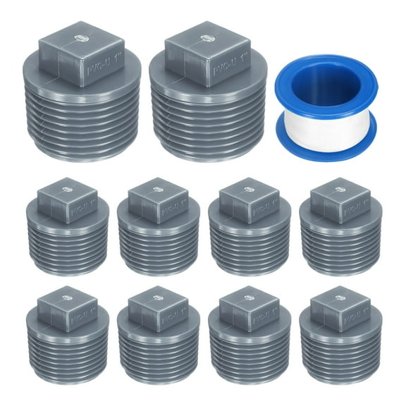 10Pack 1 Inch PT Male Thread Pipe Fitting Plug, Cleanout Plugs, Water Drain End Caps Coupling Adapter with Tape for Water Heater Supply Lines, Plumbing, Gray