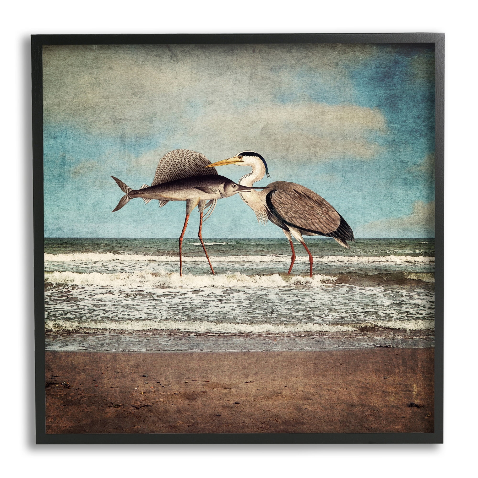 Stupell Industries Quirky Surreal Fish Bird Animals Beach Shoreline Framed Wall Art, 24 x 24, Design by Paula Belle Flores