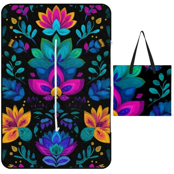 Vibrant Floral Mexican Textile Design Picnic Blanket Waterproof Outdoor Beach Blanket Hand-held Pad Suitable for Travel, Camping, Beach, Family Gatherings