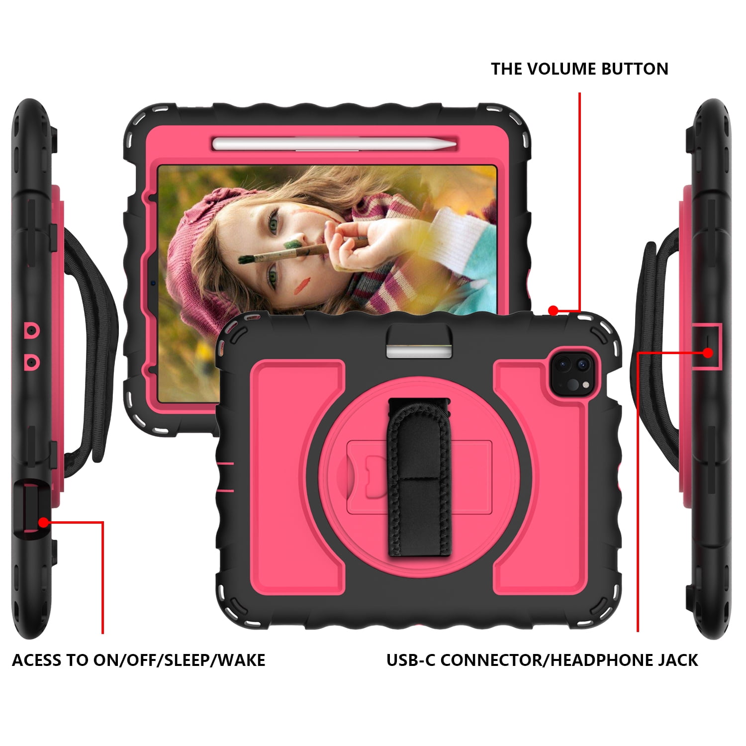 Allytech iPad Air 5 4 10.9 Case 2022/2020, Heavy Duty Shockproof Kids Case with Pencil Holder Hand Strap Kickstand Shoulder Strap for Apple iPad Air 5th 4th Generation 10.9 Inch -Black/Rose
