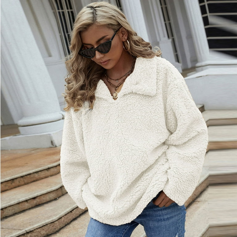 Women's Pullover Fuzzy Fleece Sweatshirt Causal Long Sleeve Turn