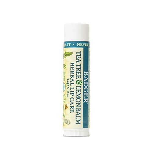 Badger - Tea Tree & Lemon Balm Lip Balm with Melissa Oil, Herbal Lip Care, Soothing Relief for Lips, Protects Lips, Organic Lip Balm.15oz Stick.