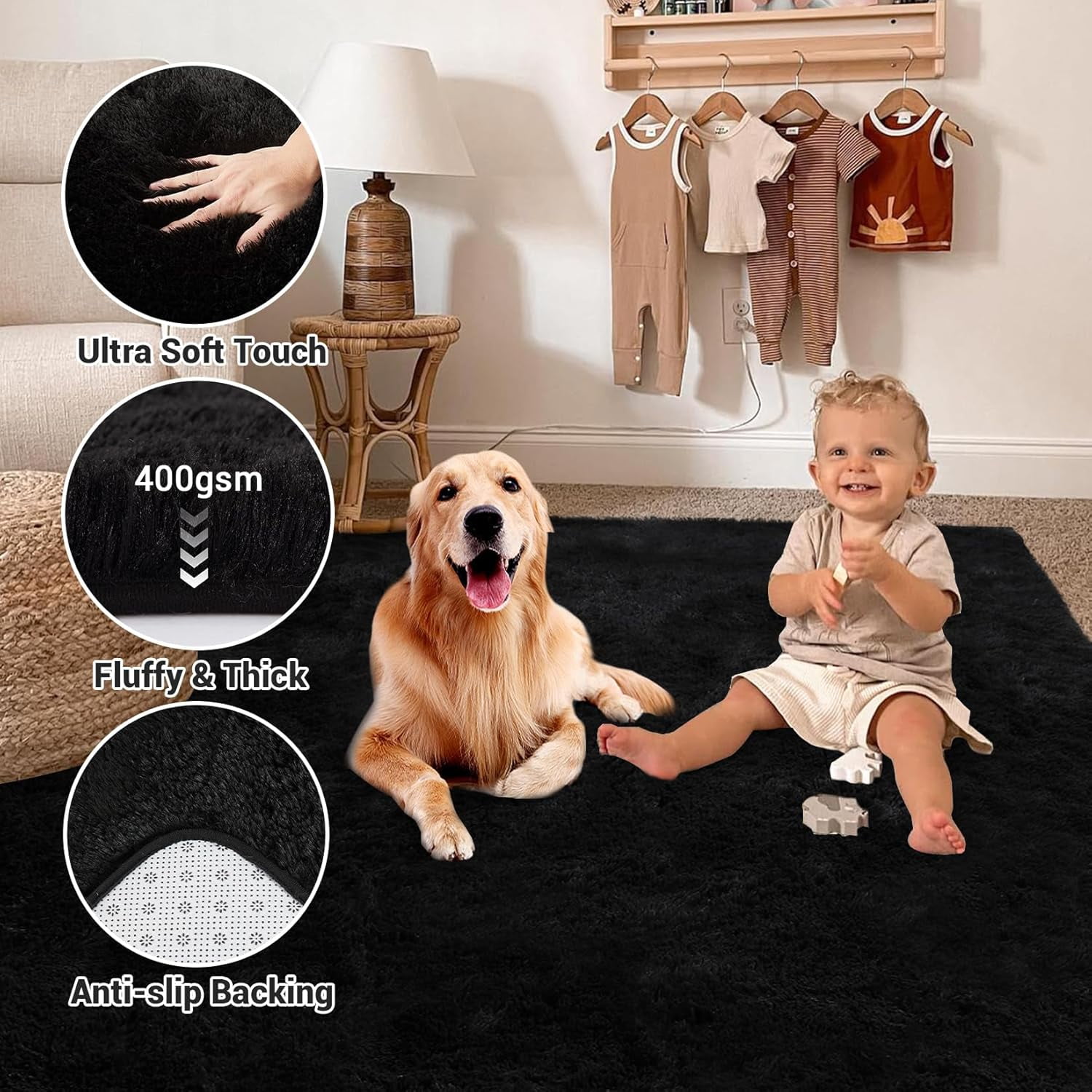 Memoryfield 4' x 6' Area Rug, Plush Non-Skid Rug, for Bedroom Living Room, Black