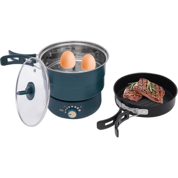 Electric Hot Cooker Pot with Steamer Mini Multifunctional Pan Portable Mini Travel Cooker Non-Stick Electric Skillet Ramen Noodles Pasta (Green)