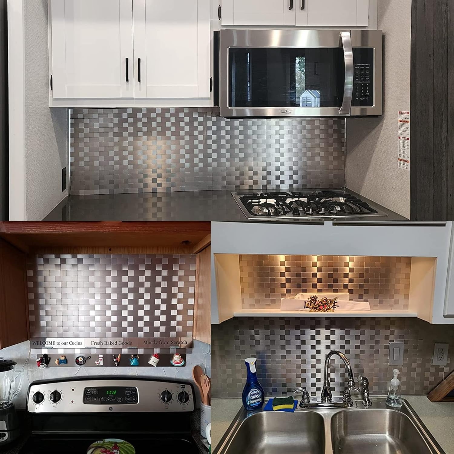 10-Sheets Peel and Stick Backsplashes for Kitchen, Stick on Backsplash Stainless Steel Metal Tiles for Kitchen Walls, Stainless Steel Backsplash for Range Hood Wall Shield (12''x12'')