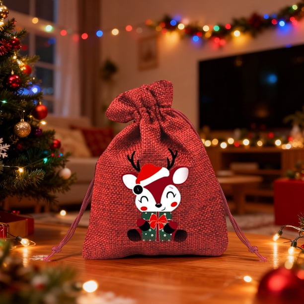 Bolsas de regalo navideñas de lino | Bolsita navideña con dibujos animados para manzanas y dulces