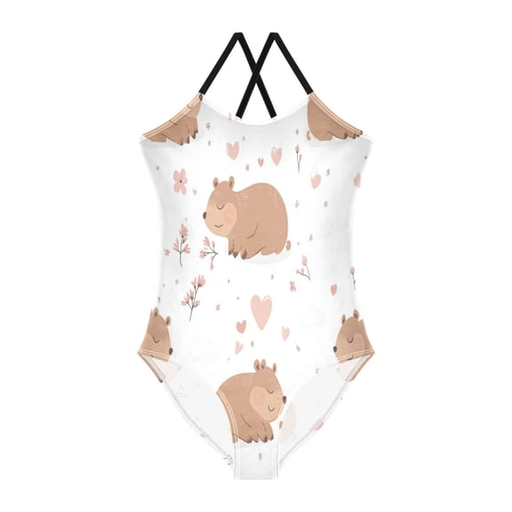 Girls' One-piece Swimsuit Cross Back Bathing Suit Beach Surfing Sizes 3T-10T Cute Capybara Pattern