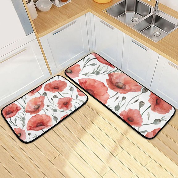 Flowers Kitchen Mats Non Slip Standing Desk Mat Runner Rug Washable Kitchen Rugs for Floor 2PCS