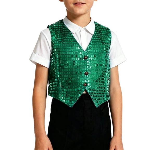 Boys Girls Sequin Dance Performance Vest, Slim Fit Glitter Sleeveless Waistcoat, Kids Jazz Hop Stage for Music Festival Party Wear(Green,12-13 Years)