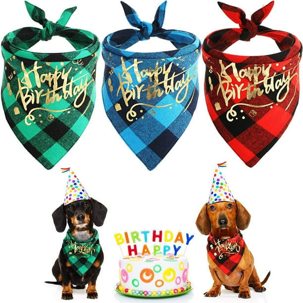 3 Piezas Bandanas de Cumpleaños para Perros Bufanda de Cumpleaños para Perros Bufanda para Mascotas a Cuadros de Doble Capa Baberos para Perros con Estampado Triangular Reversible Lavable Pa