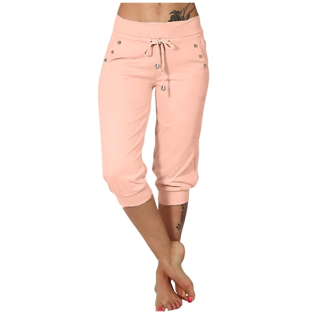Pantalones deportivos casuales de yoga para mujer: pantalones elásticos de 3/4 con bolsillos, mezcla de algodón, tallas reales, tallas S-XXXL