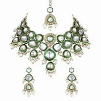 South Indian Bollywood Gold Plated Traditional Kundan Green Pearl Bridal Necklace Set with Earrings & Maangtikka for Women