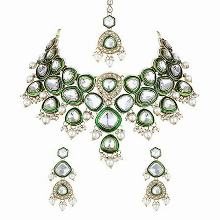 South Indian Bollywood Gold Plated Traditional Kundan Green Pearl Bridal Necklace Set with Earrings & Maangtikka for Women