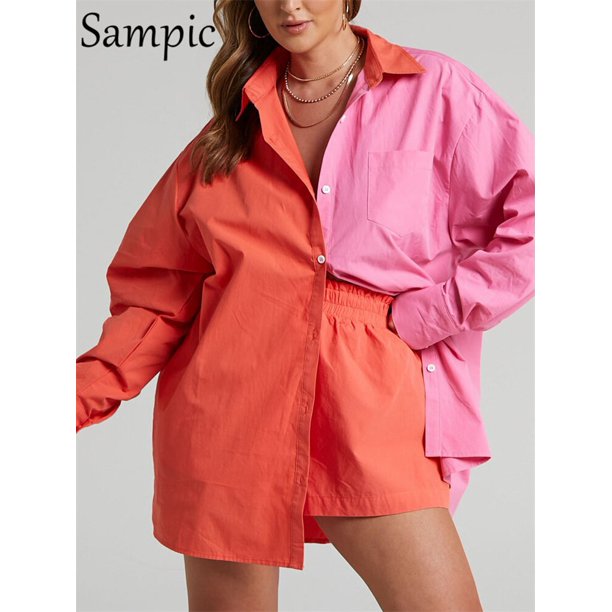 Sampic, traje azul para mujer, camisa holgada informal de manga larga 2022, Tops de verano y Mini pantalones cortos, chándal de moda, conjunto de dos piezas, trajes Tan Jianjun unisex