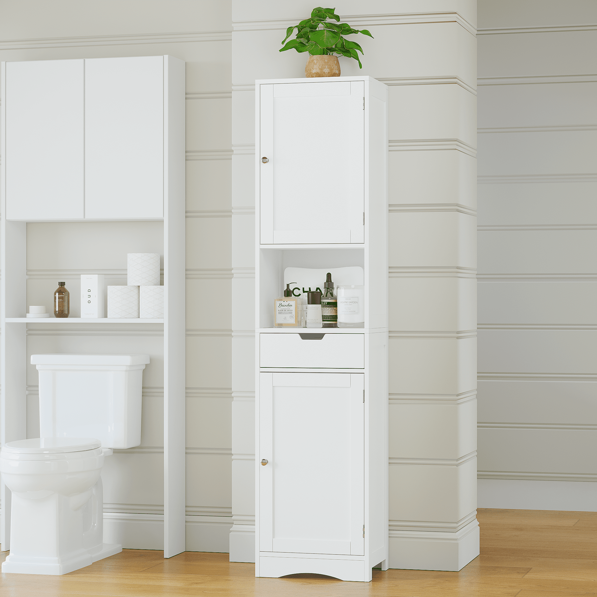 Mintazer 67" Tall Bathroom Storage Cabinet with 2 Doors & Drawer, Freestanding Floor Organizer with Adjustable Shelves for Bathroom & Kitchen, White