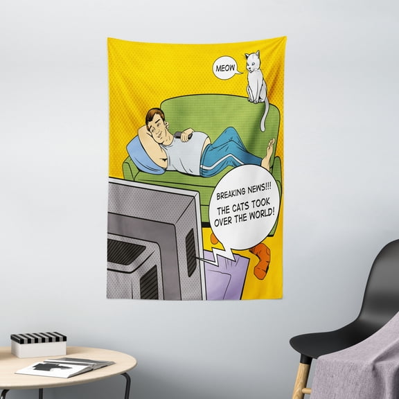 Vintage Tapestry, Man Lying on Couch Watching TV Cats Take Over World Comic Book Pop Art Illustration, Wall Hanging for Bedroom Living Room Dorm Decor, 40W X 60L Inches, Multicolor, by Ambesonne