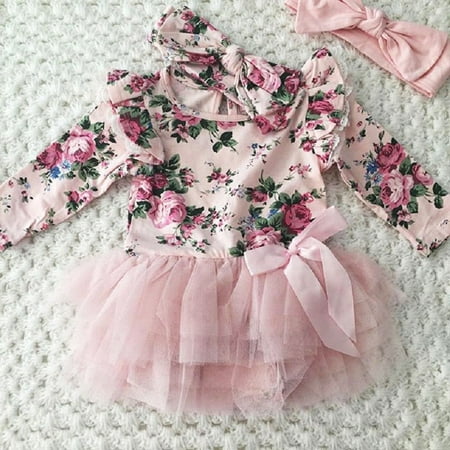 Casual Newborn Infant Baby Girls Outfit Floral Lace Romper Jumpasuit Headband Set Clothes 0-24