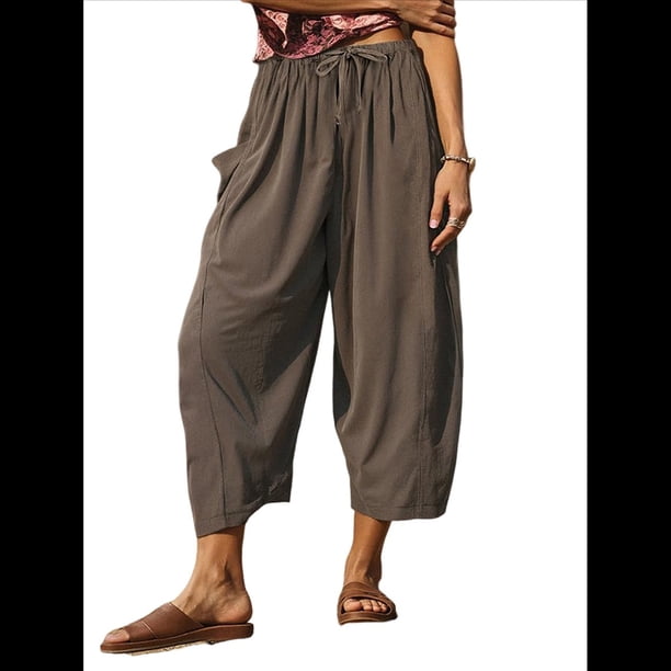 Pantalones Palazzo Harem Informales Holgados con Cordón para Mujer, para Verano, Playa, Viajes, Vacaciones, con Bolsillos. Café XL