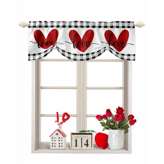 Tie Up Valance Curtain for Kitchen,Valentine's Day Red Love Heart Rod Pocket Short Curtains Adjustable Tie-Up Shade Valances,Black White Plaid Lattice Window Treatment for Bathroom Bedroom