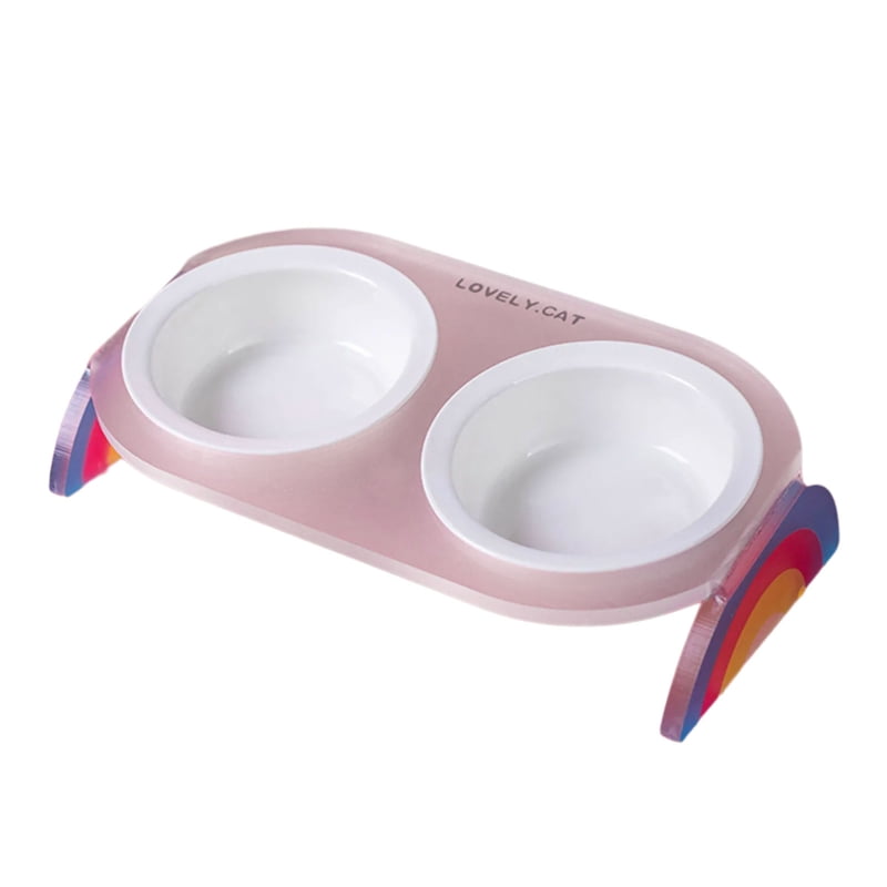 Yiran Ceramic Double Cat Bowl with Rainbow Stand, Transparent