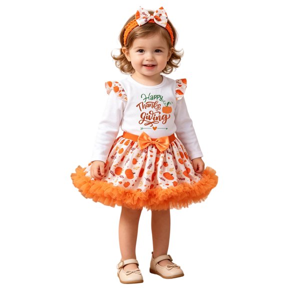 JAJAHO Toddler Girls Skirts Set 3 Piece Thanksgiving Outfits Pumpkin Print Long Sleeve Tee And Tutu Skirts With Headbands 1-5Y