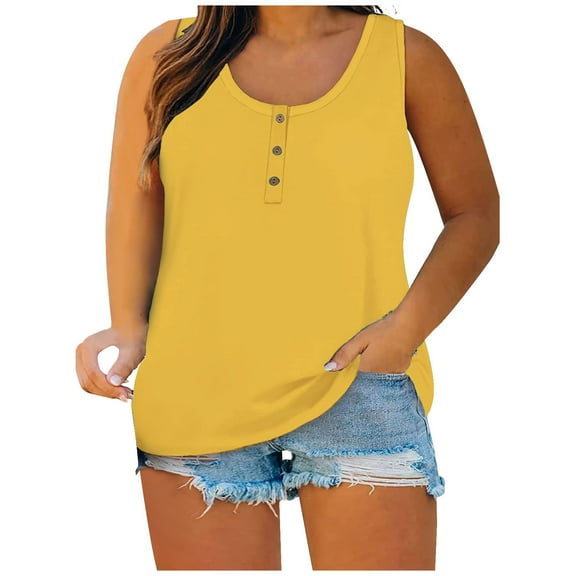 HAiming Womens Plus Size Tank Tops Summer Casual Button Sleeveless Round Neck T-Shirts Plus Size Loose Tunic Blouses